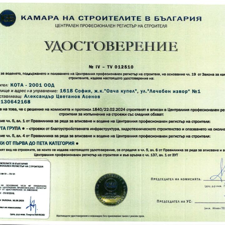 Удостоверение 1 на KOTA 2001